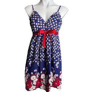Carree’s Blue‎ Sundress Empire Waist Red White Flowers Spaghetti  Straps Med